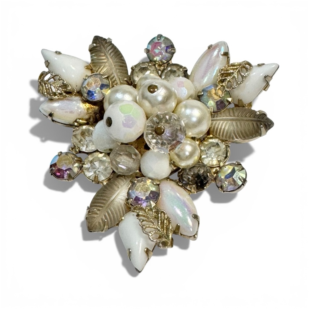 Vintage Rhinestone & Faux Pearl Floral Brooch AB Crystals Mid-Century Gold Tone